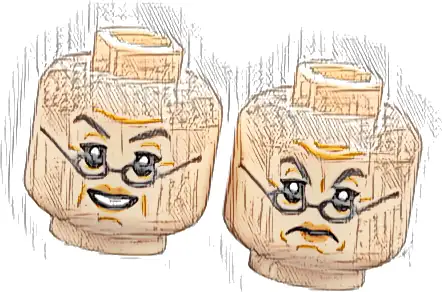 Minifigure, Head Dual Sided Female Dark Bluish Gray Eyebrows, Dark Orange Lips, Dark Silver Glasses, Medium Nougat Wrinkles, Furrowed Brow, Open Mouth Smile with Teeth / Frown Pattern