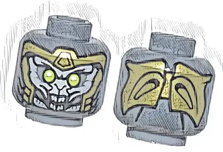 Minifigure, Head Alien with Lime Eyes, Light Bluish Gray Face, Gold Armor, and Open Mouth with Teeth Pattern