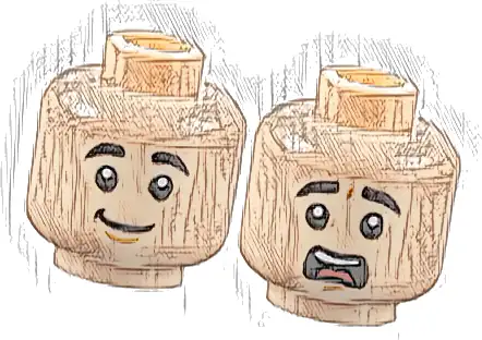 Minifigure, Head Dual Sided Black Thick Eyebrows, Medium Nougat Chin Dimple, Lopsided Grin / Scared Open Mouth with Top Teeth and Red Tongue Pattern