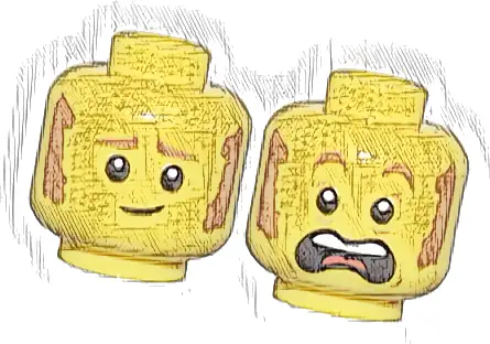 Minifigure, Head Dual Sided Medium Nougat Eyebrows and Sideburns, Worried Lopsided Grin / Scared Open Mouth with Top Teeth and Red Tongue Pattern