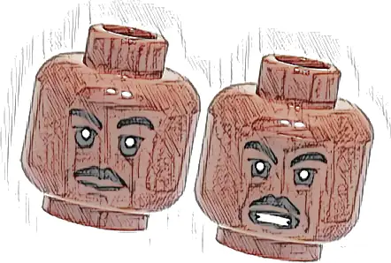 Minifigure, Head Dual Sided Black Eyebrows and Moustache, Cheek Lines, Smile / Scowl with Open Mouth and White Teeth Pattern