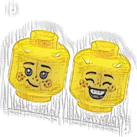 Minifigure, Head Dual Sided Child Female Black Eyebrows, Eyelashes, Bright Light Orange Lips and Circles on Cheeks, Medium Nougat Freckles, Lopsided Grin / Closed Eyes and Open Mouth Smile with Top Te