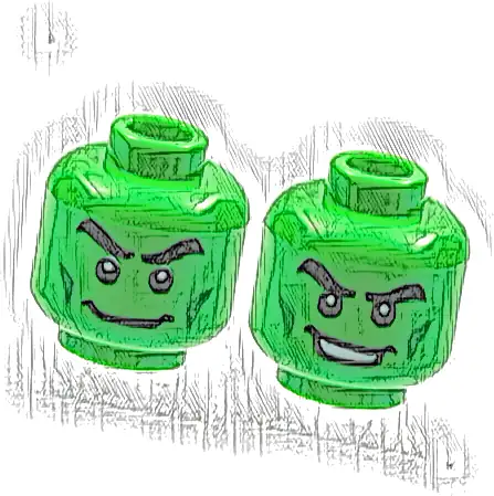 Minifigure, Head Dual Sided Black Thick Eyebrows, Green Cheek Lines, Wide Grin / Open Mouth Smile with Teeth Pattern