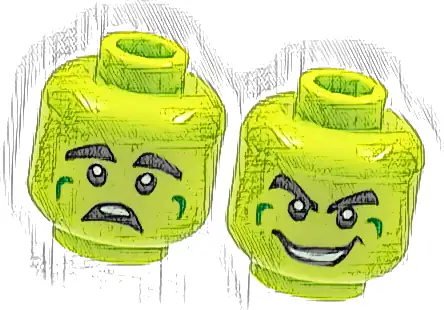 Minifigure, Head Dual Sided Alien, Thick Black Eyebrows, Green Cheek Dimples, Scared / Wide Grin with Teeth Pattern