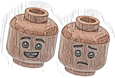 Minifigure, Head Dual Sided Child Black Eyebrows, Lopsided Open Mouth Smile with Top Teeth and Red Tongue / Sad Pattern