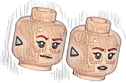 Minifigure, Head Dual Sided Female Reddish Brown Eyebrows, Nougat Lips, Freckles, Silver Triangle (Focus), Lopsided Closed Mouth / Surprised Open Mouth Pattern