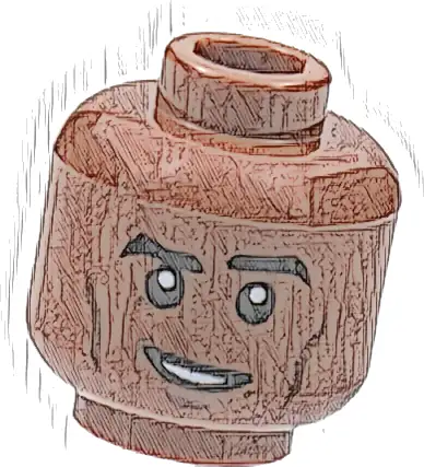 Minifigure, Head Thick Black Eyebrows, Dark Brown Contour Lines, Lopsided Smile with Teeth Pattern