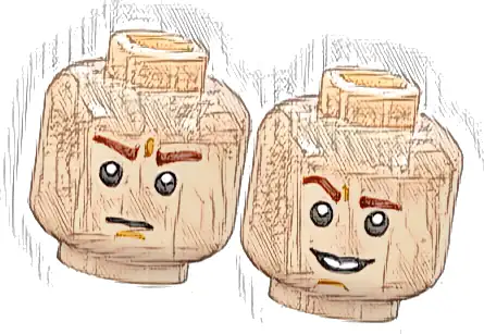 Minifigure, Head Dual Sided Reddish Brown Eyebrows, Right Raised, Chin Dimple, Open Mouth Grin with Teeth / Stern Eyebrows and Scowl Face Pattern