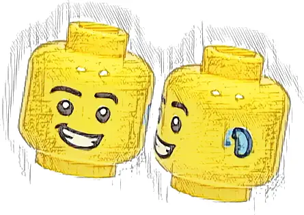 Minifigure, Head Black Eyebrows, Bright Light Blue Hearing Aid on Left, Lopsided Open Mouth Smile with Teeth Pattern