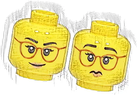 Minifigure, Head Dual Sided Female Black Eyebrows, Dark Orange Glasses, Medium Nougat Lips, Lopsided Grin / Frown Pattern