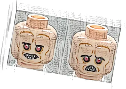 Minifigure, Head Dual Sided Alien with Red Eyes, Bared Pointed Teeth, Medium Nougat Wrinkles, Neutral / Frown with Narrow Open Mouth Pattern