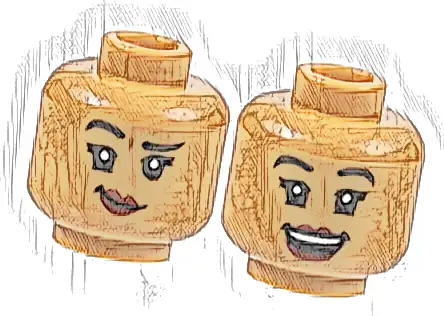 Minifigure, Head Dual Sided Female, Black Eyebrows, Dark Red Lips, Lopsided Grin with Raised Eyebrow Right / Open Mouth Smile Pattern