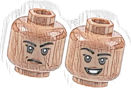 Minifigure, Head Dual Sided Female Black Eyebrows, Reddish Brown Lips, Frown with Raised Eyebrow Left / Open Mouth Smile Pattern