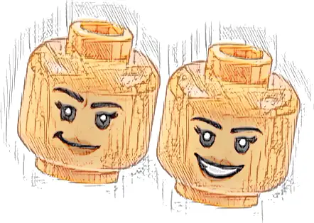 Minifigure, Head Dual Sided Female Black Eyebrows, Eyelashes, Dark Orange Lips, Lopsided Grin with Dimple / Open Mouth Smile with Teeth Pattern