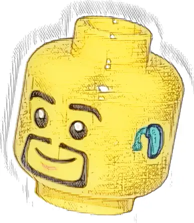 Minifigure, Head Black Eyebrows and Thin Goatee, Nougat Chin Dimple, Dark Turquoise Hearing Aid on Left, Grin Pattern