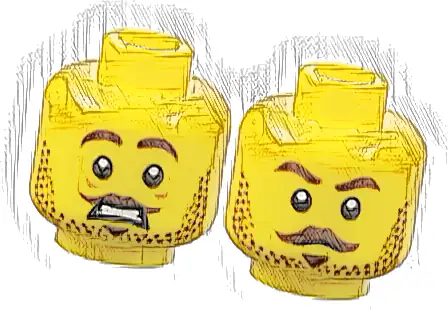 Minifigure, Head Dual Sided Male Dark Brown Eyebrows, Moustache, Soul Patch, and Beard Stubble, Worried Open Mouth with Teeth / Stern Pattern