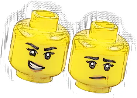 Minifigure, Head Dual Sided Female Black Eyebrows, Eyelashes, Medium Nougat Lips, Lopsided Open Mouth Smile with Teeth / Worried Pattern