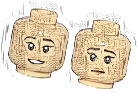 Minifigure, Head Dual Sided Female Black Eyebrows, Medium Nougat Lips, Open Mouth Smile with Teeth / Sad Pattern