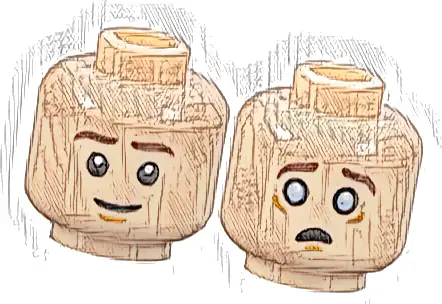 Minifigure, Head Dual Sided Dark Brown Eyebrows, Medium Nougat Chin Dimple, Grin / Scared with Bright Light Blue Eyes Pattern