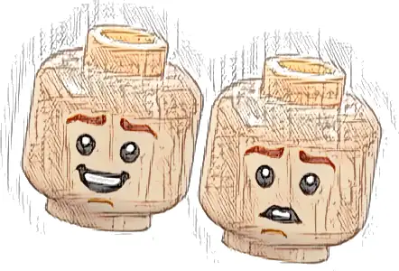 Minifigure, Head Dual Sided Reddish Brown Eyebrows, Medium Nougat Chin Dimple, Open Mouth Smile with Teeth / Scared Pattern