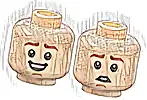 Część LEGO® 3626pb3264 Minifigurka, Głowa Dwustronna Czerwonobrązowe Brwi, Dziurka w Brodzie w Średnim Karmelowym, Uśmiech z Odsłoniętymi Zębami / Przestraszona, Wzór