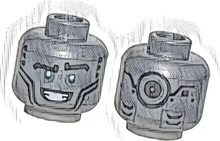 Minifigure, Head Alien Robot Black Eyebrows, Metallic Light Blue Eyes, Open Mouth Smile, and Black Circle and Mechanical Panels on Back Pattern