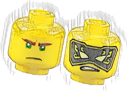 Minifigure, Head Dual Sided Reddish Brown Eyebrows, Green Eyes, Frown / Black and Lime Mask with Yellowish Green Eyes Pattern
