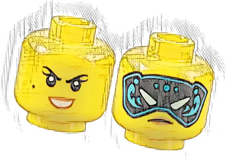 Minifigure, Head Dual Sided Female Black Eyebrows, Eyelashes, Beauty Mark, Medium Nougat Lips, Open Mouth Smile with Teeth / Black and Medium Azure Mask with Light Aqua Eyes, Frown Pattern