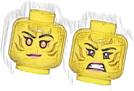 Minifigure, Head Dual Sided Female Gold Stripes Face Paint, Coral Lips and Eye Shadow, Orange Eyes, Lopsided Grin / Bared Teeth Pattern