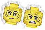 Część LEGO® 3626pb3368 Minifigurka, głowa dwustronna kobieca, złote paski jako malowanie twarzy, koralowe usta i cień do powiek, pomarańczowe oczy, krzywy uśmiech / zaciśnięte zęby (wzór)