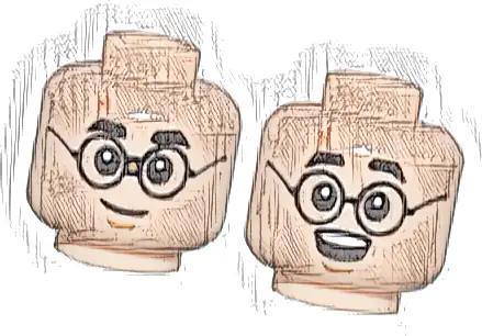 Minifigure, Head Dual Sided Thick Black Eyebrows, Glasses, Nougat Lightning Scar, Medium Nougat Chin Dimple, Grin / Surprised Open Mouth Smile with Top Teeth Pattern