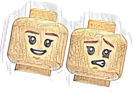 Minifigure, Head Dual Sided Dark Brown Eyebrows, Medium Nougat Chin Dimple, Open Mouth Smile / Confused with Raised Eyebrow Left Pattern