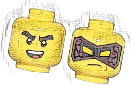 Minifigure, Head Dual Sided Thick Black Eyebrows, Open Mouth Smile with Top Teeth and Tongue / Black and Dark Red Mask, Frown Pattern