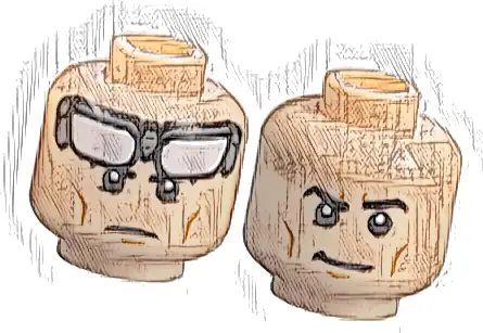 Minifigure, Head Dual Sided Black Eyebrows, Medium Nougat Cheek Lines and Chin Dimple, White Goggles, Frown / Smirk Pattern (Batman)