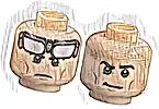 Część LEGO® 3626pb3391 Minifigurka, Głowa Dwustronna Czarne Brwi, Średnie Brązowe Linie na Policzku i Dziurka w Brodzie, Białe Gogle, Zmarszczone / Uśmieszek, Wzór (Batman)
