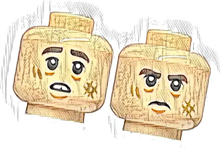 Minifigure, Head Dual Sided Dark Brown Thick Eyebrows, Dark Tan Scuff Marks, Chin Dimple, Worried Open Mouth with Teeth / Frown Pattern