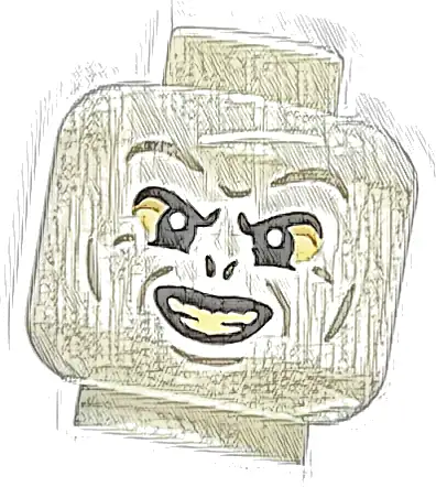 Minifigure, Head Alien with HP Voldemort Black Eyebrows and Nostrils, Light Bluish Gray Wrinkles, Dark Tan and Tan Eye Shadow, Open Mouth Smile with Bright Light Yellow Teeth Pattern