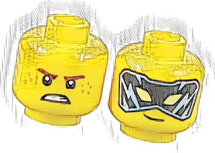 Minifigure, Head Dual Sided Reddish Brown Eyebrows, Medium Nougat Freckles, Scowl / Black and Bright Light Blue Mask with Bright Light Yellow Eyes Pattern