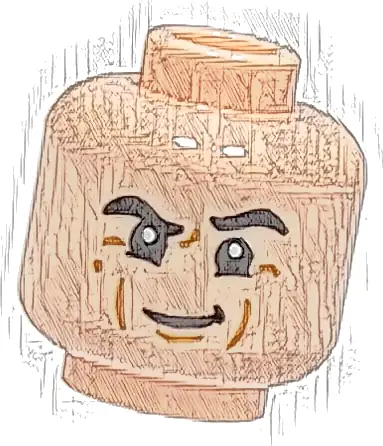 Minifigure, Head Black Eyebrows, Left Raised, Medium Nougat Cheek Lines and Chin Dimple, Smile Pattern