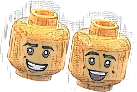 Minifigure, Head Dual Sided Black Eyebrows, Reddish Brown Dimples, Lopsided Open Mouth Smile with Teeth / Laughing with Dark Red Tongue Pattern