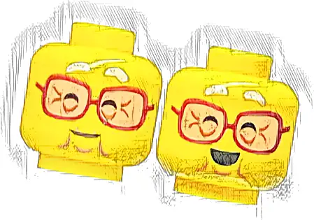 Minifigure, Head Dual Sided White Eyebrows, Reddish Brown Glasses with Nougat Lenses, Closed Eyes, Chin Dimple, Wrinkles, Grin / Open Mouth Smile Pattern