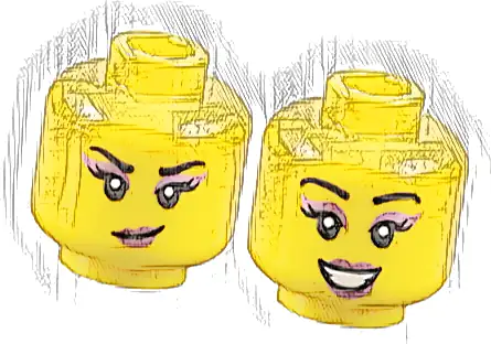 Minifigure, Head Dual Sided Female Black Eyebrows and Eyelashes, Metallic Pink Eye Shadow and Lips, Smirk / Open Mouth Smile with Teeth Pattern