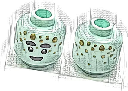 Minifigure, Head Alien Black Thick Eyebrows, Eyes, and Smile, Gold Dots Pattern