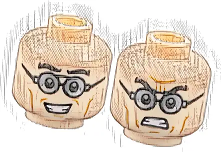 Minifigure, Head Dual Sided Black Thick Eyebrows, Glasses with Dark Silver Lenses, Medium Nougat Cheek Lines, Open Mouth Smile / Bared Teeth with Furrowed Brow Pattern