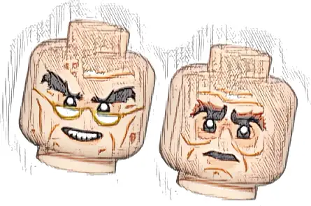 Minifigure, Head Dual Sided Medium Nougat Cheek Lines and Wrinkles, Nougat Eye Shadow and Lower Lip, Black Bushy Eyebrows, Gold Glasses, and Open Mouth Smile with Teeth / Reddish Brown Bushy Eyebrows 