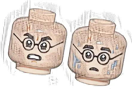 Minifigure, Head Dual Sided Black Eyebrows and Glasses, Nougat Lightning Scar, Angry with Bared Teeth / Shocked with Bright Light Blue Water Splotches Pattern