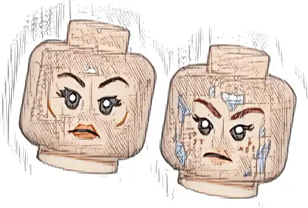 Minifigure, Head Dual Sided Female Black Eyelashes, Dark Brown Eyebrows, Dark Orange Lips, Neutral / Reddish Brown Eyebrows, Nougat Lips and Freckles, Bright Light Blue Water Splotches, Angry Frown Pa