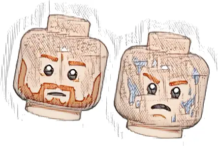 Minifigure, Head Dual Sided Dark Orange Eyebrows and Beard, Neutral / Angry with Bright Light Blue Water Drops Pattern