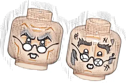 Minifigure, Head Dual Sided Medium Nougat Cheek Lines and Wrinkles, Nougat Eye Shadow, Buck Teeth, Light Bluish Gray Bushy Eyebrows, Glasses, Stern / Black Bushy Eyebrows, Broken Glasses, Scuff Marks,