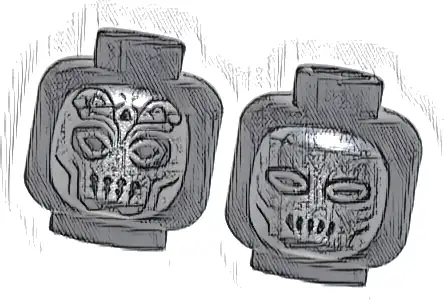 Minifigure, Head Dual Sided Alien Silver Face, Filigree on Forehead, Double Cheek Lines, Open Eyes / Single Cheek Lines, Squinting Eyes Pattern